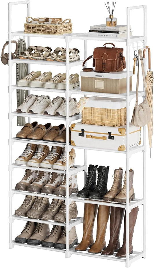 WOWLIVE 9 Tiers White Shoe Rack for Closet Shoe Rack Storage Organizer for Entryway 30-35 Pairs Stackable Shoe Shelf for Front Entrance Metal Pipes with Plastic Connectors