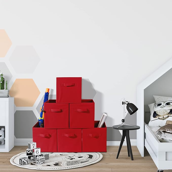 Sorbus Foldable Storage Cubes - 6 Fabric Baskets for Organizing Pantry, Shelf, Toy Box, Cubby, Closet Organizer - 11 Inch Collapsible Closet Organizers and Storage Bins - Red Storage Cubes with Handle