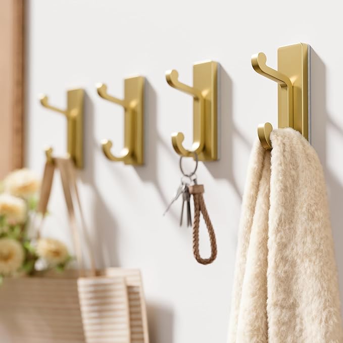 4 Pack Self Adhesive Wall Hooks for Coats - Stainless Heavy Duty Double Hook for Clothes, Towel, Keys, Purse, Backpack, Bag, Hat, Gold Coat Hook for Door, Bathroom, Bedroom, Holds 13Lbs.