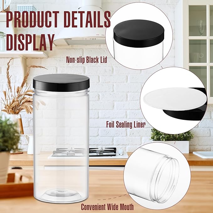 Dandat 16 Pack 30 oz Plastic Jars with Lids Plastic Mason Bottles Container Canister Wide Mouth Cylinders Kitchen Home Organize Storage for Dry Good, Spice, Honey, Candy, Peanut Butter(Black)