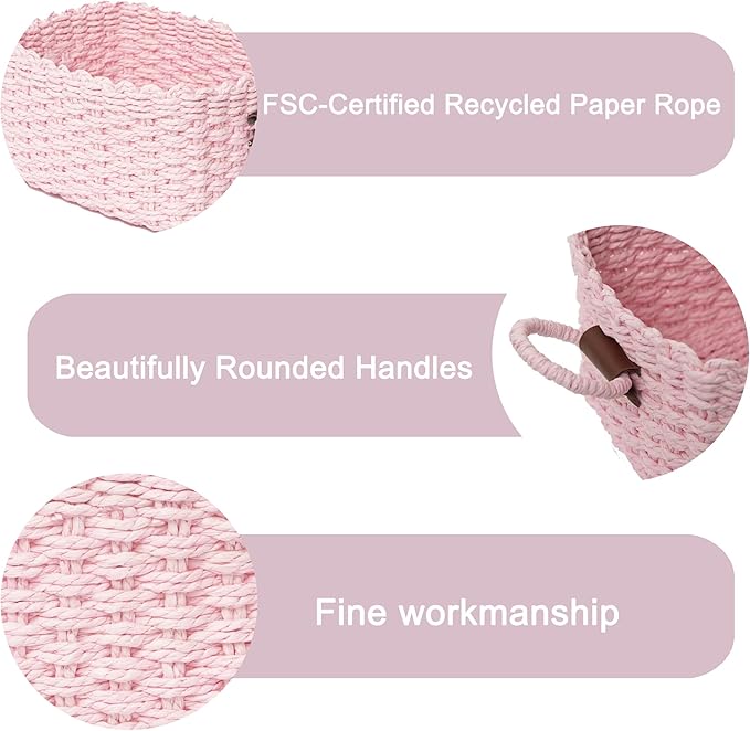 Small baskets for Organizing,Cute woven Storage basket with recycled paper rope for Shelves Bathroom,Little decorative basket,Set of 3 (Pink)