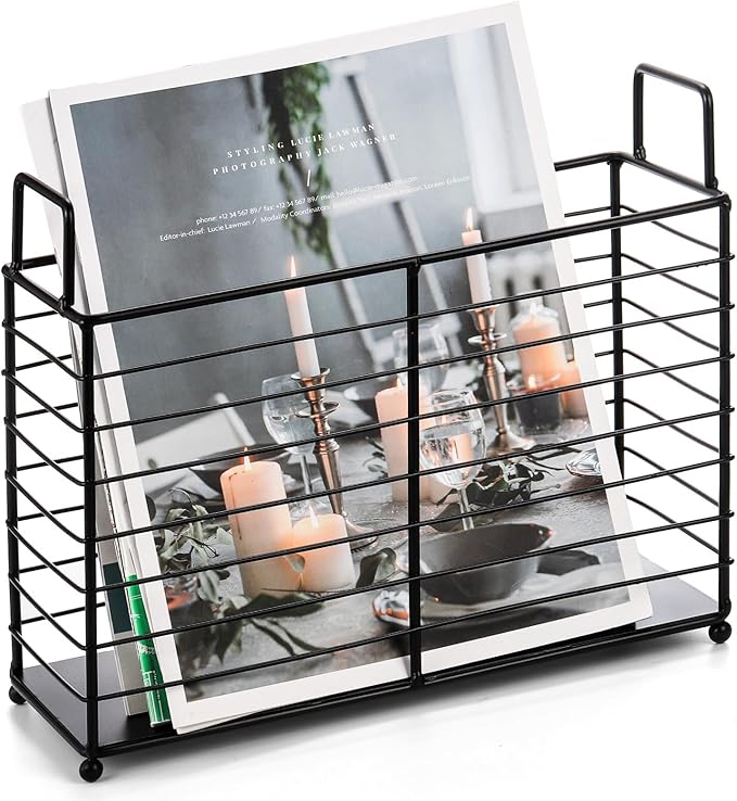 Metal Magazine Rack, Newspaper Book Tablet Storage Basket, File Holder Mail Organizer Bin with Handles, Iron Wire Black Folder Stand Holder for Home Office Bathroom Bedroom Den Living Room