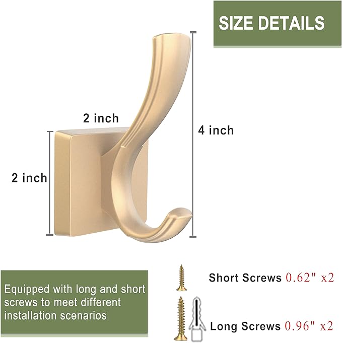 Gold Coat Hooks, Towel Robe Hooks Bathroom Entryway Mudroom Pool Hooks for Wall Mount Hanging Towels Bathrobe Key Hat Backpack (2 Pack, Gold)