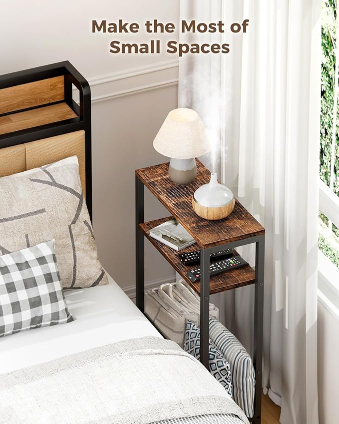 Karii Narrow Side Table, Skinny End Table for Small Spaces with Storage, 3-Tier Slim Wooden Bedside Nightstand Thin Couch Table for Living Room Bedroom Office Dorm Kitchen Bathroom (2, Rustic Brown)