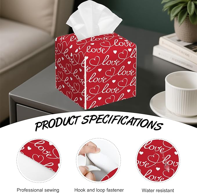 Romantic Hearts Tissue Box Cover Square,White and Letters Tissue Box Holder with Belt Bottom,Stylish Leather Napkin Holder for Vanity Countertop,Nightstands,Office Desk,5.2"Ã5.2"Ã5.2"