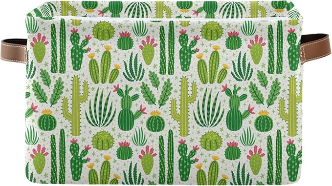 Bolaz Large Storage Basket Green Cacti Cactus Foldable Storage Box Organizer Bins with Handles for Bedroom Home Office