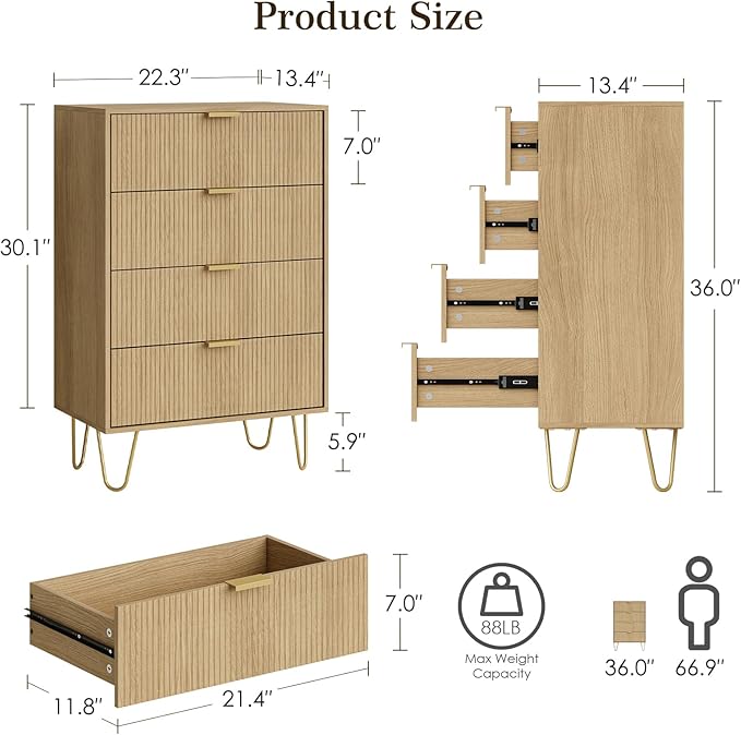 Masupu 4 Drawer Dresser, Drawer Chest, Tall Storage Dresser Chest Cabinet Organizer Unit with Gold Metal Legs, Nightstand for Bedroom, Living Room, Closet, Hallway Natural Stripe
