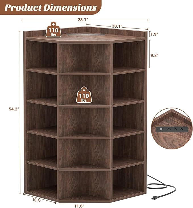 Aheaplus Corner Cabinet, 6-Tier Corner Bookshelf with Power Outlets, Corner Cube Storage Shelf with Top Table, Wooden L Shaped Cubby Toy Storage for Home Office, Bedroom, Living Room, Black Walnut