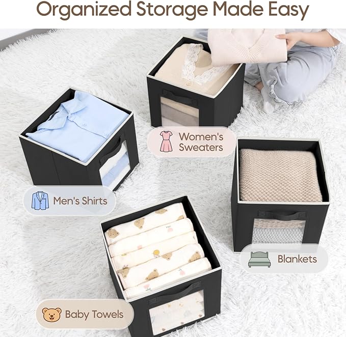 Foldable Storage Cubes - Square Organizer with Window, Decorative Baskets for Organizing, Fabric shelf Basket for Clothes, 11 Inch Closet Storage Cubes, Set of 16, Black