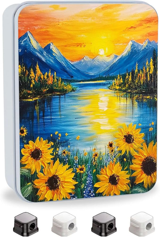 Metal Tin Box with Lid,Multi-functional Storage Large Box Can Store Tea Biscuits Game Cards, Playing & Tarot Cards-Comes with 4 Magnetic Cord Clips,Sunset Mountain Lake