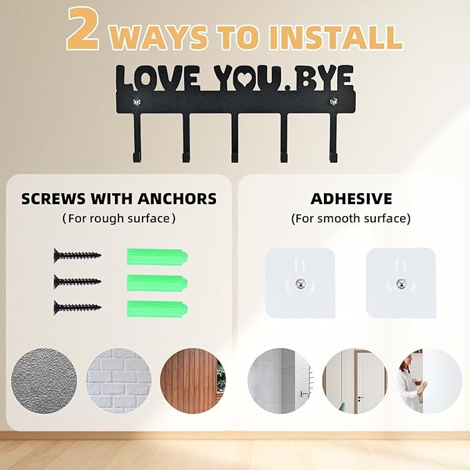 Key Holder Wall Mount – 'Love You.Bye' Entryway Organizer with 5 Hooks,Black Metal Key Hanger (10x4 Inch) – No Drill Adhesive or Screws for Easy Installation