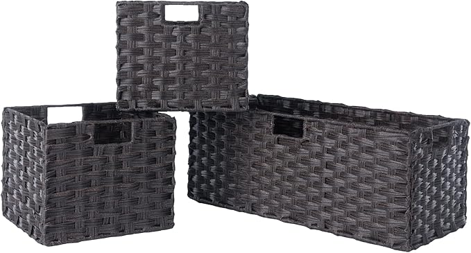 Winsome Leo 2-Tier Wide Storage Shelf with 3 Foldable Woven Baskets, for Living Room, Home Office, Bedroom, Espresso