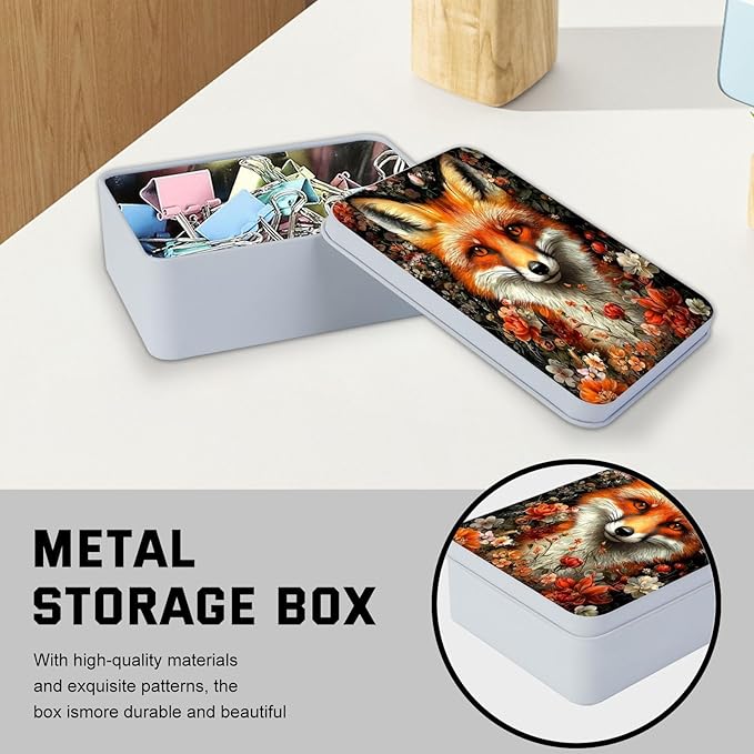 Metal Tin Box with Lid,Multi-functional Storage Large Box Can Store Tea Biscuits Game Cards, Playing & Tarot Cards-Comes with 4 Magnetic Cord Clips,Fox Surrounded by Flowers