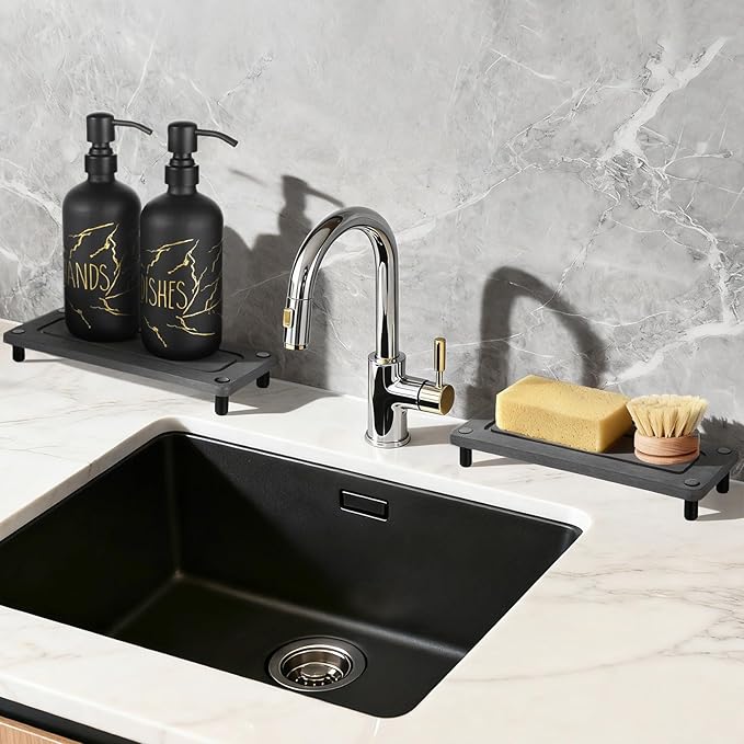 Kitchen Soap Dispenser Set, 16oz Hand and Dish Soap Dispenser Set with 2 Instant Dry Trays, Stainless Steel Pump, Refillable Glass Bottle for Kitchen and Bathroom Countertop (Black)