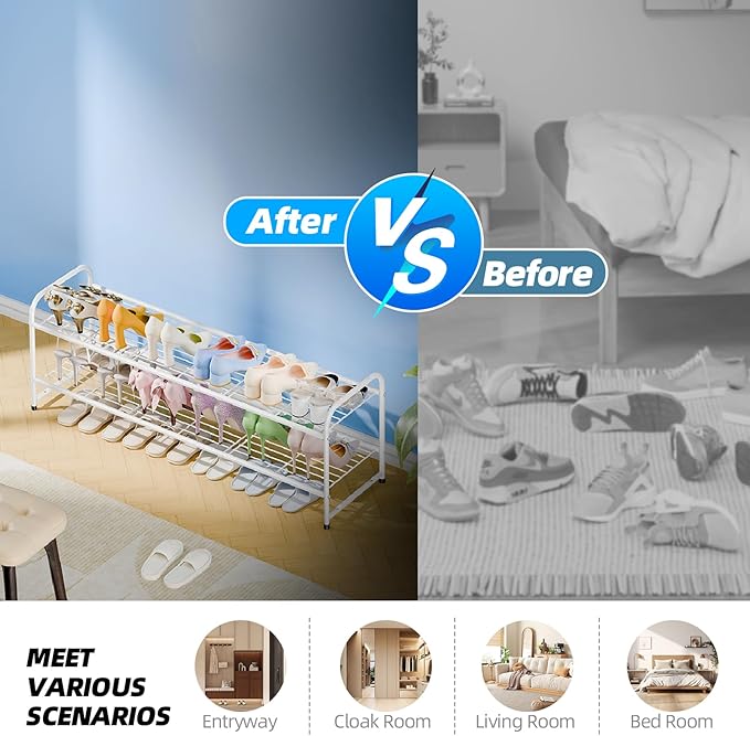 Shoe Rack for Closet, 2 Tier 44 Inch Extra Long Shoe Storage Organizer for Shelves, Heavy Duty Metal, Easy Assembly, White