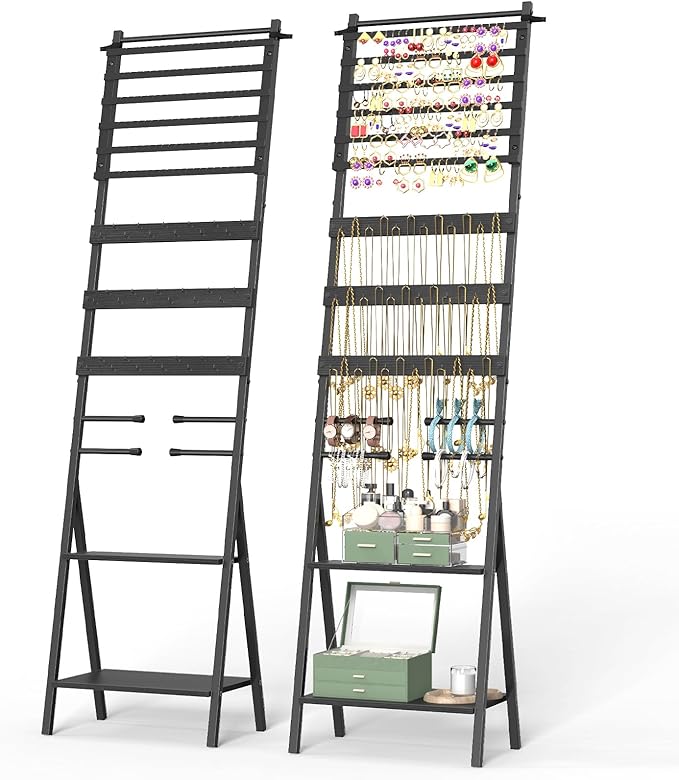Jewelry Organizer Stand Floor Jewelry Holder Stand with Necklace Holder Earring Floor Stand, Tall Jewelry Armoire for Watches, Rings, Bangle, 54 Holes Metal Earring Rack, Black