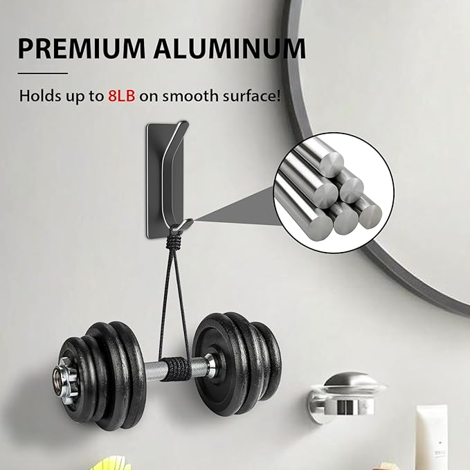 Adhesive Wall Hook for Towel, Coat, Extra Sticky 8LB Stainless Hook, Stick on Hanger for Bath or Shower, Black 6-Pack