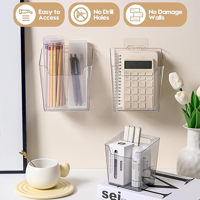 2-Pack Adhesive Cabinet Door Organizer, Hanging Storage Bins, Stick on Small Wall Basket, Bathroom Makeup Organizer, Inside Under Cabinet Storage Container for Kitchen, Pantry Organizer, Office, Dorm