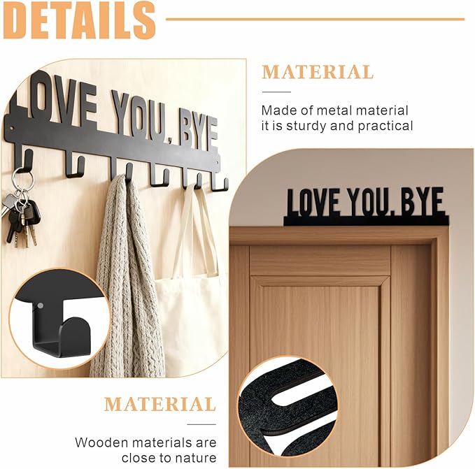 2 Piece Key Holder Wall Mount, Love You Bye Key Holder for Wall, Key Holder Hook Rack Organizer Hanger with 6 Hooks for Entryway, Front Door, Hallway, Living Room