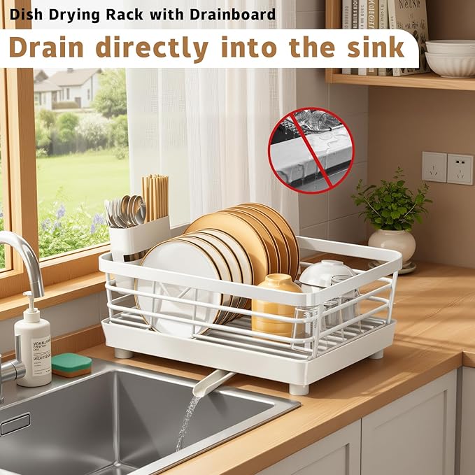 Dish Drying Rack for Kitchen Counter, Stainless Steel Sink Organization and Storage Essentials with Cutlery Holder, 9.05''W x 15.35''L, Stainless Steel Dish Strainer with Utensil Holder