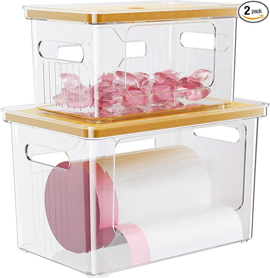 Delamu Acrylic Trash Bag Holder, 2 Pack (XL+S) Stackable Garbage Bag Dispenser, Clear Organizer Bins for Under Sink Organization, Pantry Storage, Cabinet, Kitchen, Laundry, Bathroom