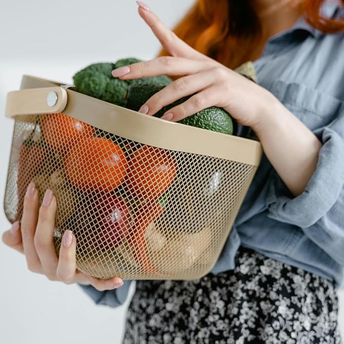 Mesh Steel Storage Organizer Basket Fruit Basket Bin with Wood Handle Ideal for Kitchen Bathroom Picnic Baskets Pantry Cabinets Storage Home Decor (Cold Gray)