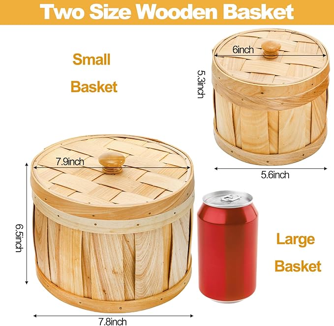 Lawei Set of 2 Round Woven Storage Baskets with Lids, Natural Woodchip Handmade Snack Fruit Organizer Bin for Kitchen, Small Wooden Decorative Box Empty Gift Containers for Shelf, Home, Bathroom Decor