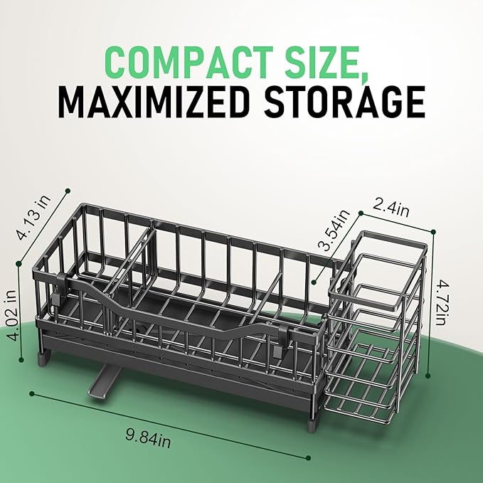 Sponge Holder for Kitchen Sink, Kitchen Sink Caddy with Long-Handled Dish Brushes Holder, 304 Rustproof Stainless Steel Countertop Organizers and Storage, Home Kitchen Sink Accessories (Black)
