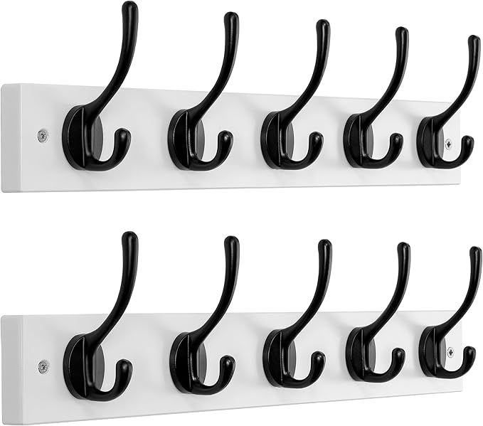 Dseap Wall Mounted Coat Rack: 16" Hole to Hole, Coat Hook Hanger with 5 Metal Hooks for Hanging Coats Towels Hats Clothes, White & Black, 2 Packs