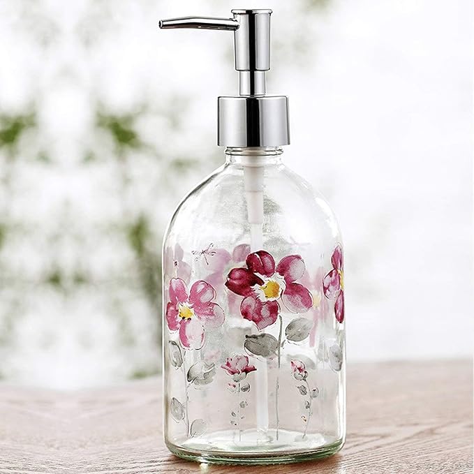 17oz Glass Soap Dispenser with Plastic Pump for Kitchen and Bathroom, Refillable Liquid Clear Bottle for Dish Soap & Hand Soap(Flower)