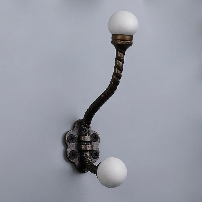 Indian Shelf 6 Pieces Heavy Duty Double Prong White Decorative Coat Hooks Unique Coat Rack Wall Mount Ceramic Wall Hooks for Hanging Towel Holder Backpack Purse Hanger- Style 7