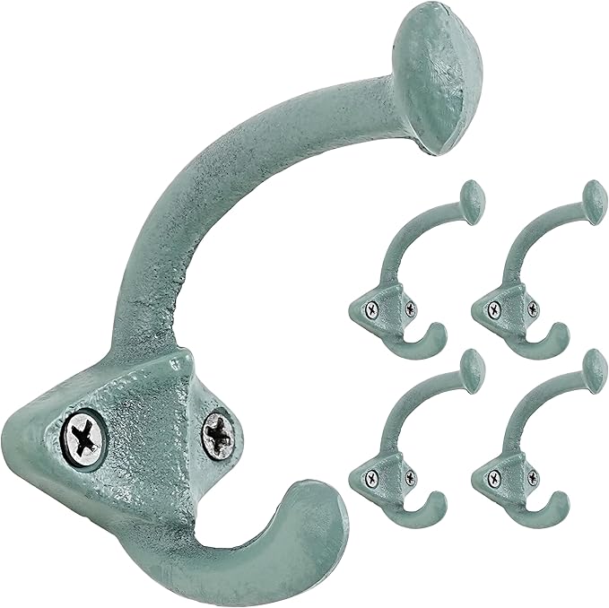 Dseap Cast Iron Wall Hooks, Heavy Duty Coat Hooks, Rustic Vintage Farmhouse Hook for Hanging Winter Coats Jackets Towels Hats Bags Plants, Mint Green, Pack of 5 (ShldCast)