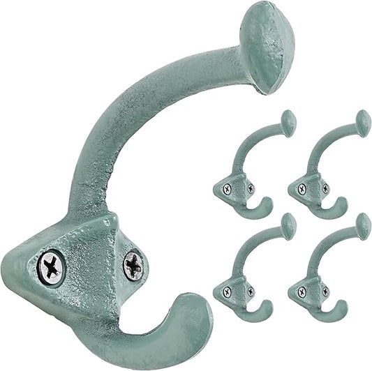 Dseap Cast Iron Wall Hooks, Heavy Duty Coat Hooks, Rustic Vintage Farmhouse Hook for Hanging Winter Coats Jackets Towels Hats Bags Plants, Mint Green, Pack of 5 (ShldCast)