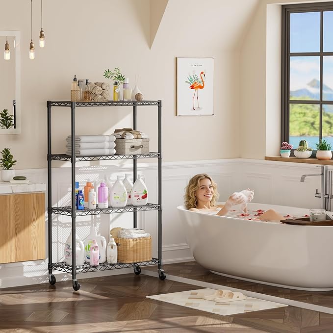 4 Tier Shelves Storage Shelf Wire Closet Bathroom Organizers Metal Pantry Kitchen Garage Shelving Unit Laundry Room Organization Home Rack Net Basket Black 14”D X 36”W X 58”H