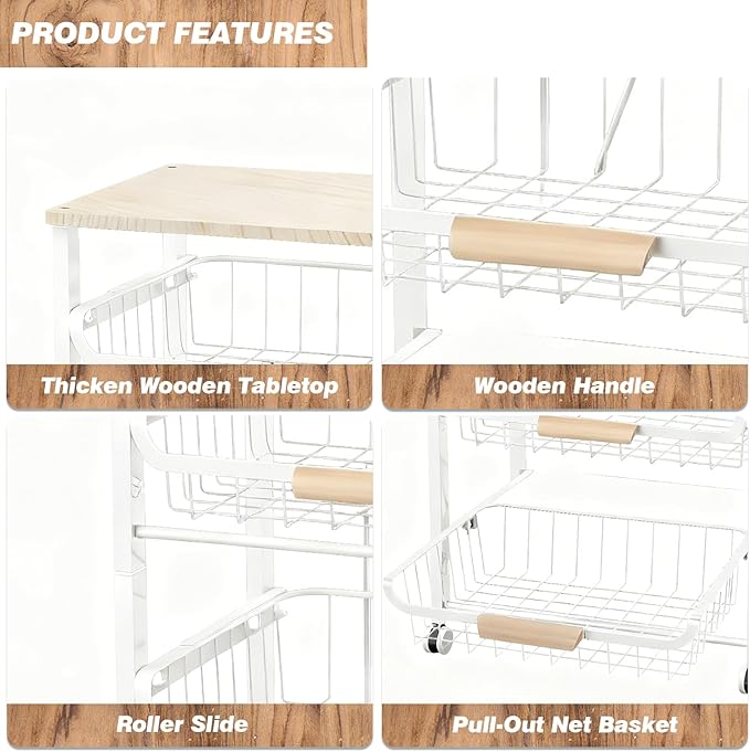 3-Layer Fruit Basket Kitchen Food Organizer and Rack Rolling Pantry Kitchen Cart On Wheels with Wood Top Table,Pull-Out Hollow Metal Basket for Sorting Spice Snacks Vegetables,White