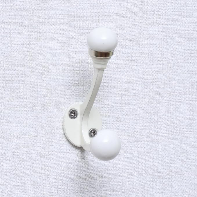 Indian Shelf 6 Pieces Double Prong White Decorative Coat Hooks Unique Coat Rack Wall Mount Ceramic Wall Hooks for Hanging Towel Holder Backpack Purse Hanger- Style 5