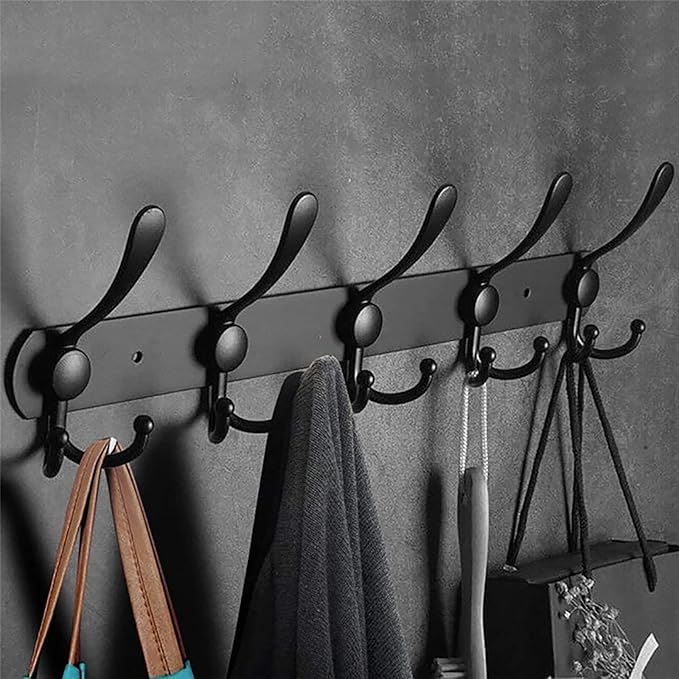 Coat Rack Wall Mounted,5 Tri Stainless Steel Coat Hook for Coat Hat Robes Towel in Mudroom Entryway (Black, 2 Pack 5 Hook)
