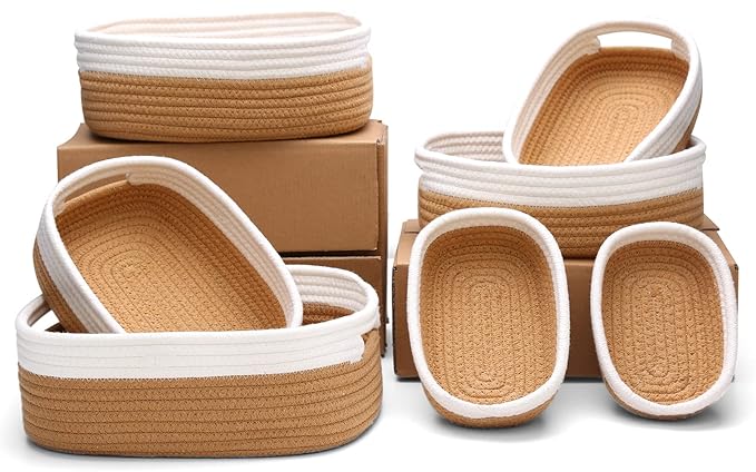 7 Piece Cotton Rope Woven Basket Set - Small Basket for Baby Nursery, Pets, Montessori, Dog & Cat Toy Boxes, Bathroom Organization Bins (White/Jute)