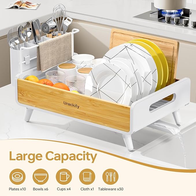 Dish Drying Rack for Kitchen Counter - Stainless Steel & Bamboo Dish Rack with Large Removable Utensil Holder, Dish Drainer with Adjustable Automatic Spout, White