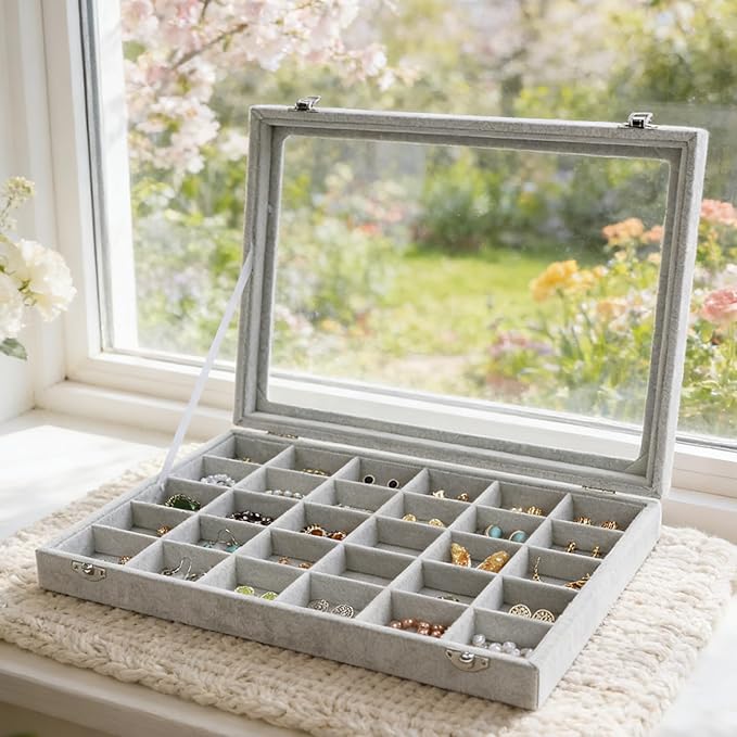 Wudygirl 30 Grid Jewelry Organizer Velvet Jewelry Box Jewelry Tray with Clear Lid Storage Case Showcase Display Stackable Removable (30 Grid)