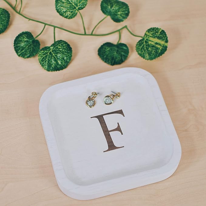 I'm Wooden Personalized Letter Catchall Valet Tray Trinket Dish Jewelry Tray Key Bowl Decorative Plate Organizing Ring Earrings Necklaces Bracelet Watch Coins Wallet Holder (6"x6" Sq White F)
