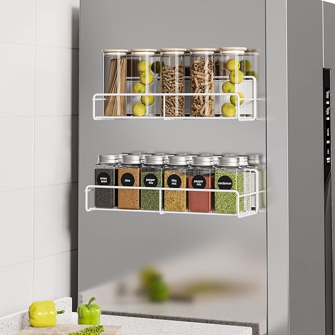 2 Pack White Magnetic Spice Rack Organizer, Space Saver for Refrigerator and Whiteboard, Metal Fridge Shelf for Kitchen and Classroom