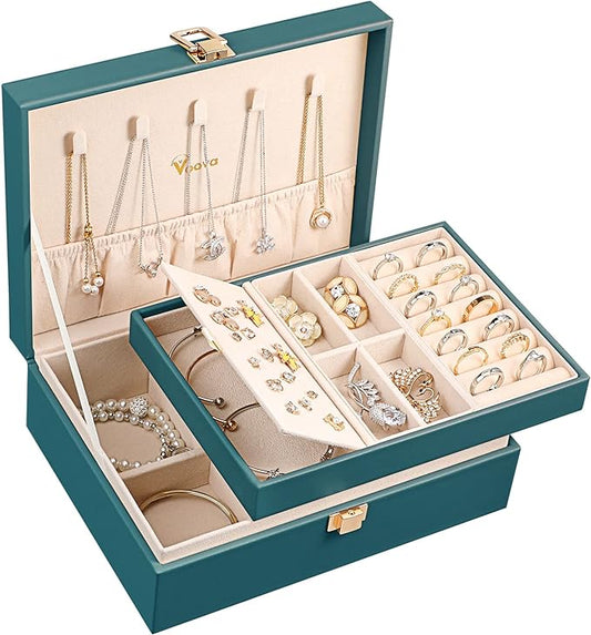 Voova Jewelry Box Organizer for Women Girls, 2 Layer Large Men Jewelry Storage Case, PU Leather Display Jewellery Holder with Removable Tray for Necklace Earrings Rings Bracelets, Indigo