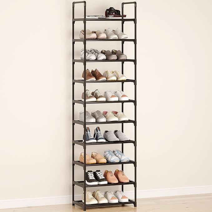 10-Tier Tall Shoe Rack, Adjustable 20-25 Pairs Shoe Shelf Storage Organizer for Entryway Hallway Closet Bathroom Living Room (Black)