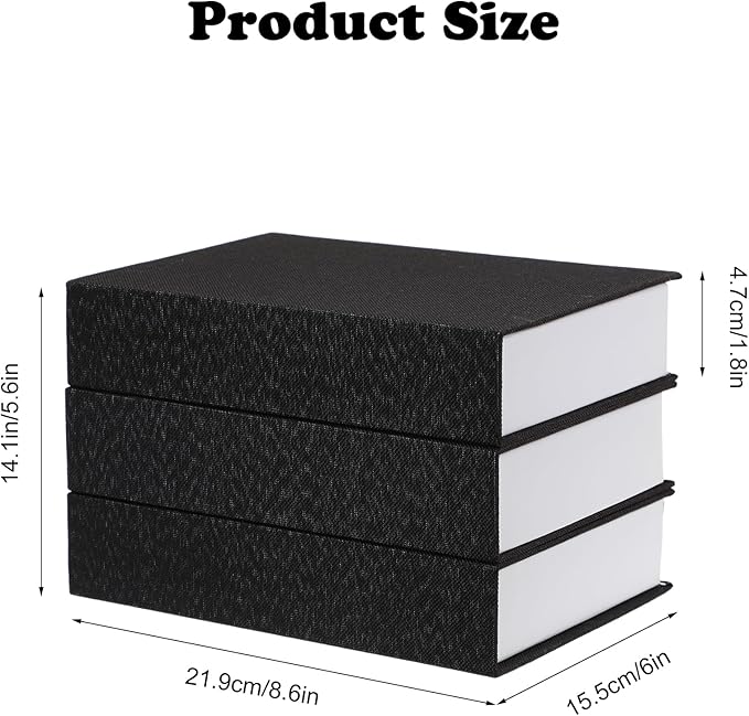 Tioncy 3 Pcs Fake Book Box Neutral Linen Book Box Decorative Faux Prop Storage for Farmhouse Home Decor shelf Table Card Photo DIY Keepsake Gift(8.6 x 6.1 x 1.8 Inch,Black)
