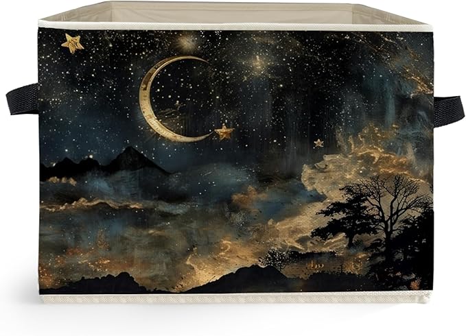 Mystical Crescent Moon Star Celestial Storage Box Bins, Moody Starry Night Sky Collapsible Storage Basket Organizer for Bedroom Laundry Room Home Clothes Toys Books, Toybox for Kids
