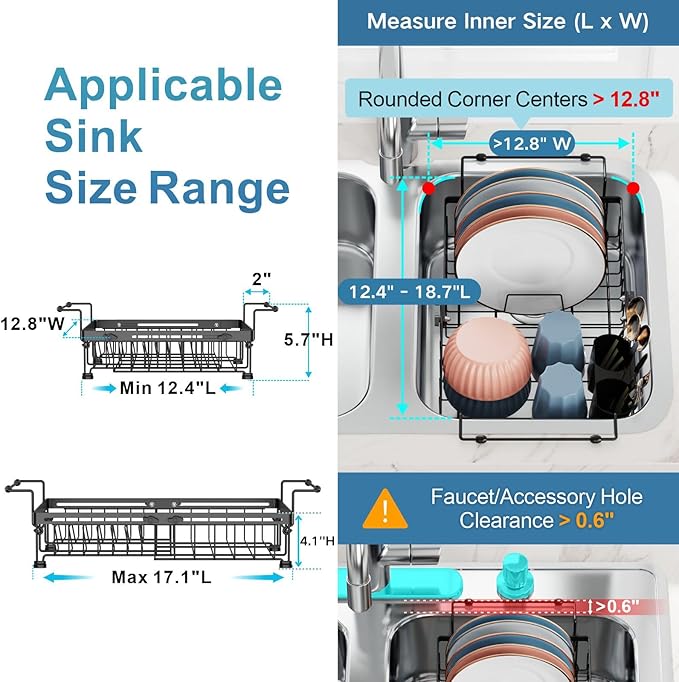iSPECLE Expandable Dish Drying Rack with Silicone Sink Protector for Kitchen Sink - Heavy Duty Adjustable Over The Sink Dish Drainer, Rust Resistant, Fit for Modern Single & Double Sinks, Black