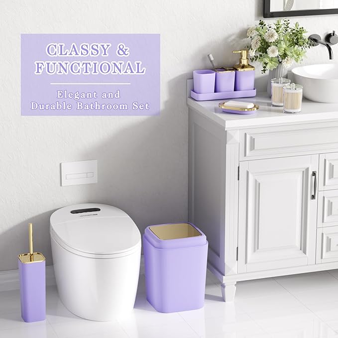 Bathroom Set - Purple Bathroom Sets with Shower Curtain and Rugs, 24PCS Shower Curtain Set with Hooks, Soap Dispenser, Soap Dish, Toilet Brush Holder and Trash Can for Housewarming