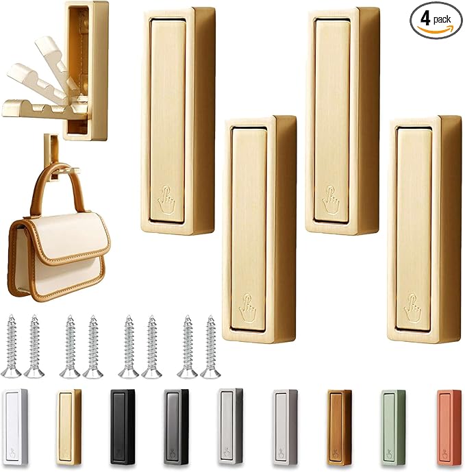 4PCS Folding Wall Hooks, Foldable Coat Hooks Heavy Duty Foldable Hook Bathroom Towel Hooks Robe Hooks Wall Mounted for Bathroom, Closet, Entryway, Pool, and Kitchen (Square-Gold)