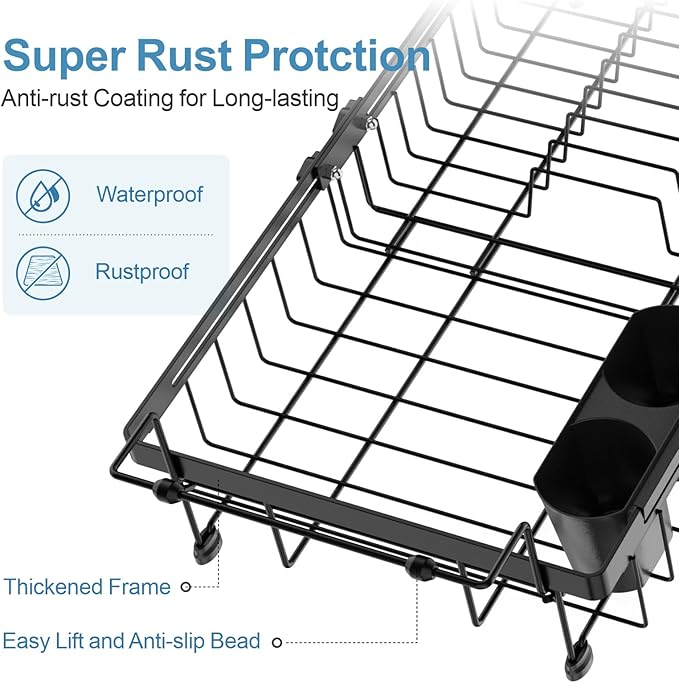 iSPECLE Expandable Dish Drying Rack for Large Kitchen Sink, eavy Duty Adjustable Over Sink Dish Drainer with Square Corners, Rust Resistant with Lock Knob, Fit for Modern Single & Double Sinks, Black